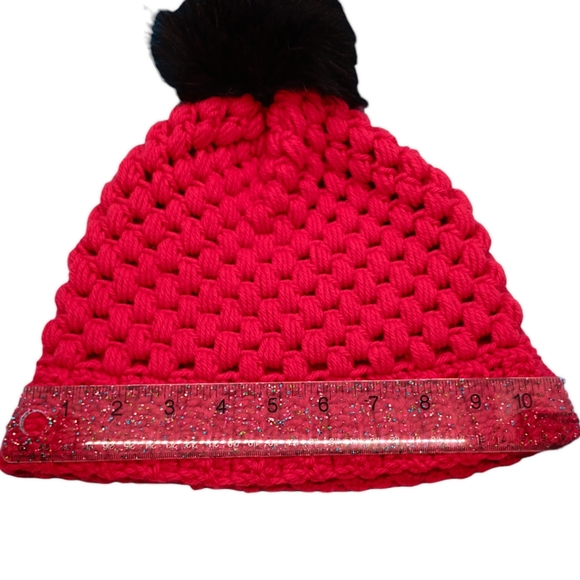 HANDMADE Red Beanie with Black Faux Fur Pom Pom Hand Crocheted Winter Hat - Picture 3 of 6